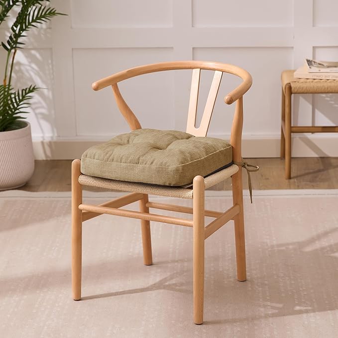 Chair Cushions for Dining Chairs, Dining Chair Cushions, Tufted Indoor Chair Pads with Ties & Non Slip Backing, Seat Cushions for Kitchen Chairs 16.5” x 16.5” x 3.5”, Set of 6, Khaki