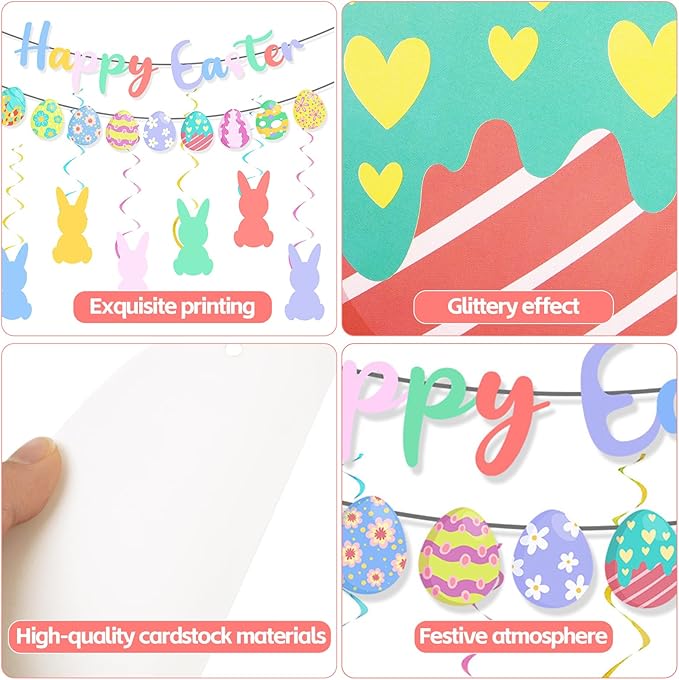 Happy Easter Banner Egg Garland with Bunny Hanging Swirl and Accessories Easter Party Decorations Set for Home Office Mantle Fireplace Indoor Outdoor Classroom Decorations