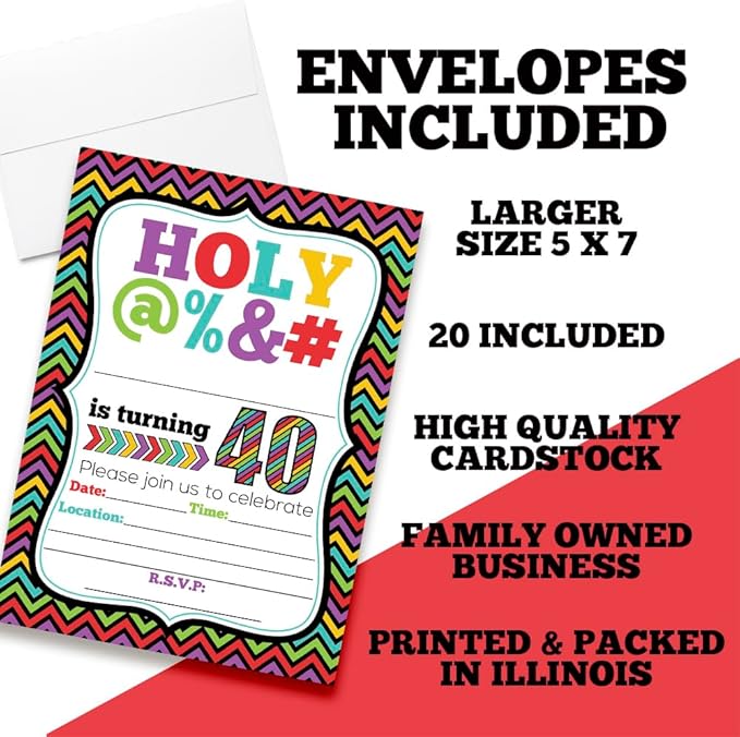 Funny “Holy @%” 40th Birthday Party Theme 20 Invitations 5x7 Fill-In Cards with Envelopes, Adult Humor Design for Milestone Birthday Celebration, Made in USA by Amanda Creation