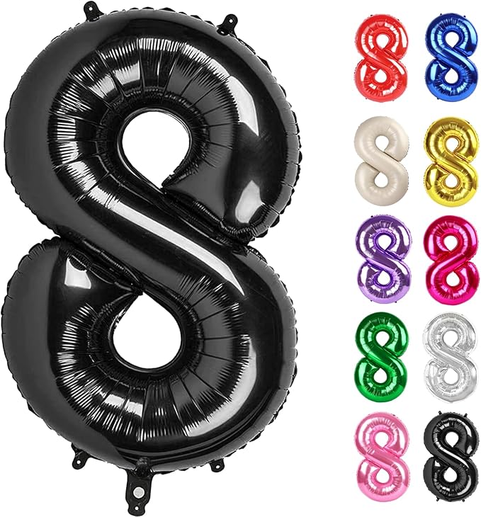 Black Number 8 Balloon 40 Inch, 8 Balloon Number, 8th Birthday Decorations, Black Party Supplies for Boys Girls