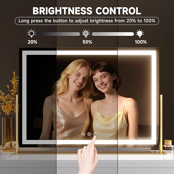 Hasipu Vanity Mirror with Lights, 25.6" x 21.3" LED Makeup Mirror, Light up Mirror with 10X Magnification, USB Charging Port, Smart Touch 3 Colors Dimmable, 360° Rotation (Gold)