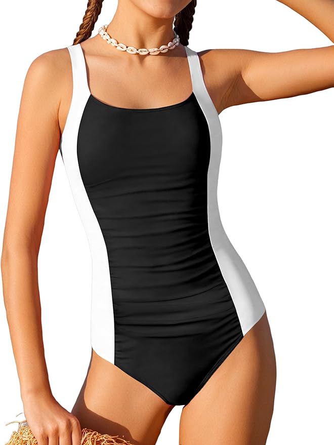 Girl Swimsuit One Piece Bathing Suit for Girls Solid Color Ruched Adjustable Straps Padded Swimwear 9-16y