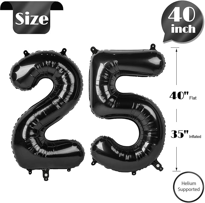 25 Balloon Number, Black Number 25th Birthday Balloons 40 Inch, 25 or 52 Years Old Black Birthday Decorations for Men Women, 25th Anniversary Decorations