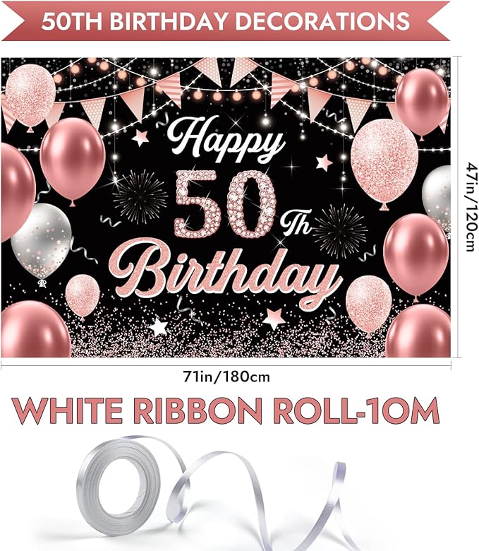 50th Birthday Decorations for Women - Happy 50th Birthday Banner Decorations Cheers to 50 Years Birthday Party Indoor and Outdoor Decoration Suppiles Pink Backdrop for 50th Birthday Party Favors Decor