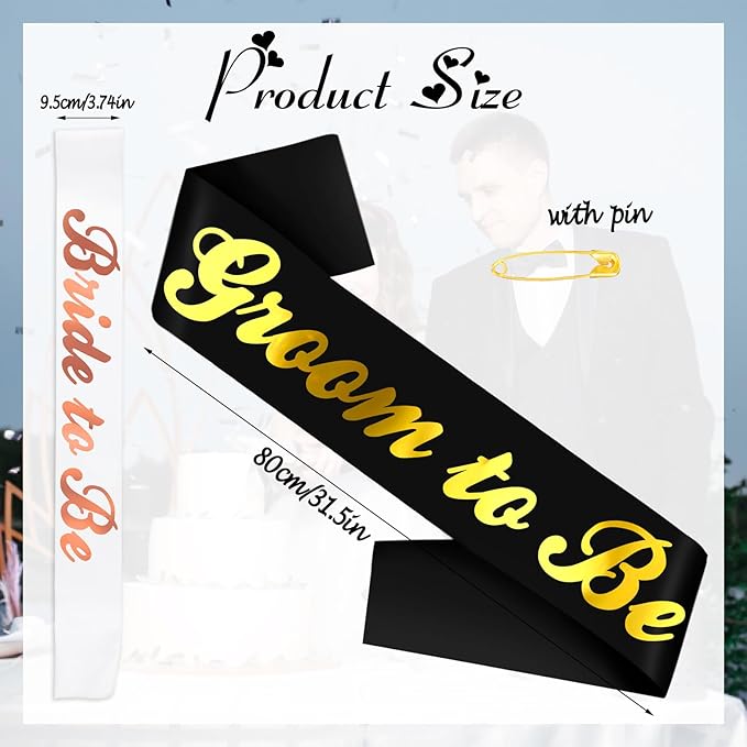 2 Pcs Bride to Be and Groom to Be Sash, Black & White Bachelorette & Bachelor Sashes for Bridal Shower Wedding Hen Party Decorations Lucky Mr & Future Mrs Engagement Gifts (Gold, Rose Gold Foil)
