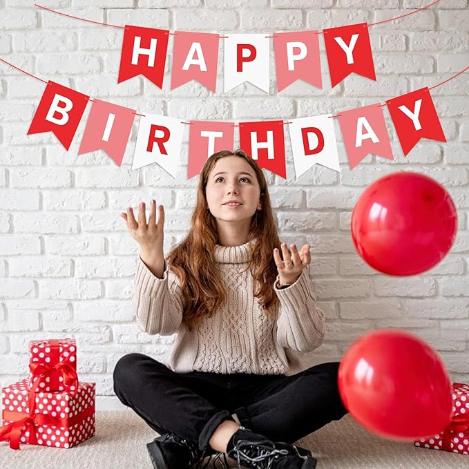 Red Happy Birthday Banner Sign Happy Birthday Bunting Banner Garland for Kids Girl Woman Birthday Tea Party Decorations Bunting Flag Birthday Party Supplies
