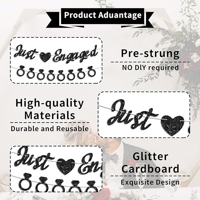 Just Engaged Banner, No DIY, Glitter Black Engagement Party Decorations and Diamond Ring Banner Sign for Bridal Shower Wedding Shower Bachelorette Party Decorations.