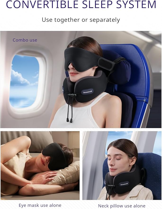 Travel Pillow, Neck Pillow Airplane with 3D Eye Mask & Seat Strap for Long Flight Sleep Road Trip, Dual-Density Supportive Foam, 360°Support Head, Neck & Chin Travel Essentials Aqua & Purple