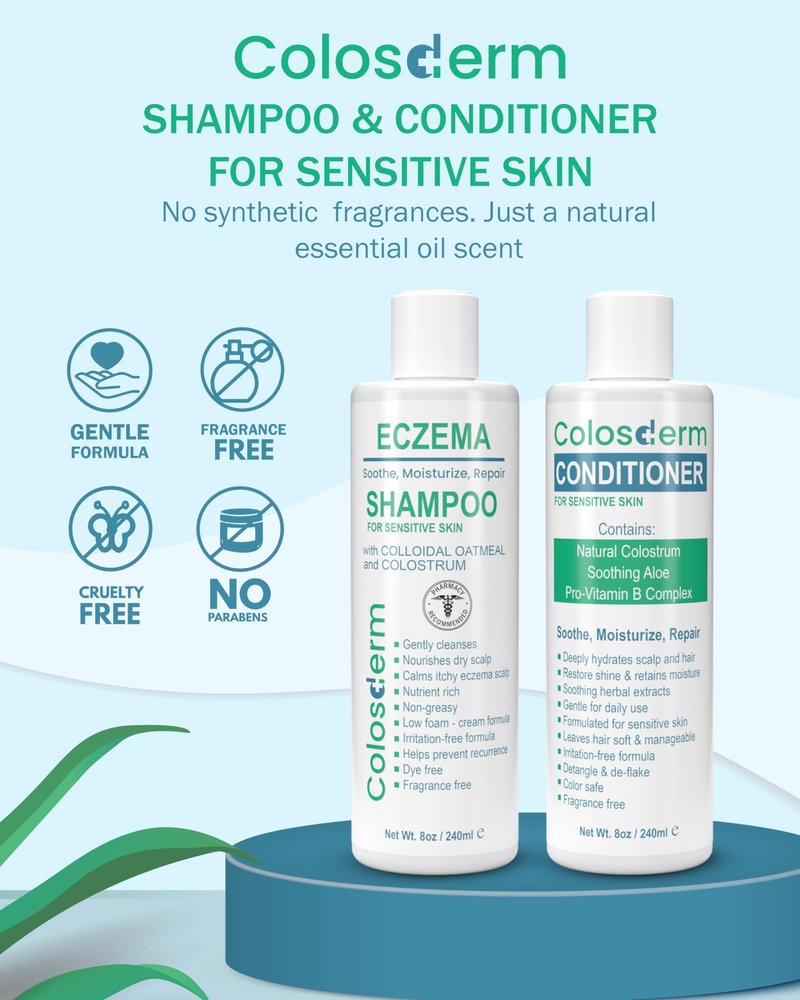 Eczema Cream Shampoo and Conditioner Scalp Treatment for Sensitive Skin for Kids & Adults- Colostrum & Colloidal Oatmeal -Itchy Scalp Anti Dandruff Shampoo for Women & Men, 16 fl oz, Made in USA
