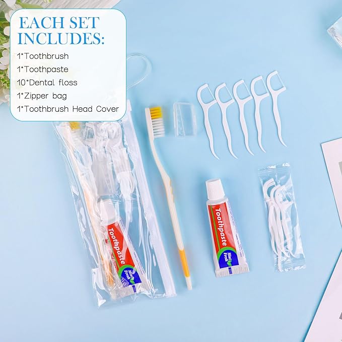HOIQIRY Disposable Toothbrushes with Toothpaste Set - Pack of 50,Individually Wrapped Personal Hygiene Kits in Bulk 5-in-1 Travel Size Convenience Kits for Hotel,Camping,Guest,Homeless,Charity,Church