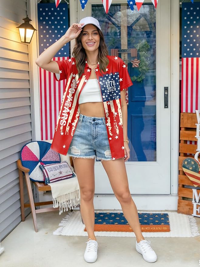 4th of July Shirts Women American Flag Patriotic Shirt Independence Day Short Sleeve Button Down Outfits