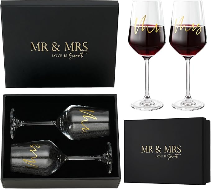 AW BRIDAL Mr and Mrs Wine Glasses Set of 2 for Engagement Bridal Shower, Wedding Gifts for Newlywed Couples 2026, Personalized Anniversary Wine Glass Gift Basket for Bride Groom and Fiance Fiancee