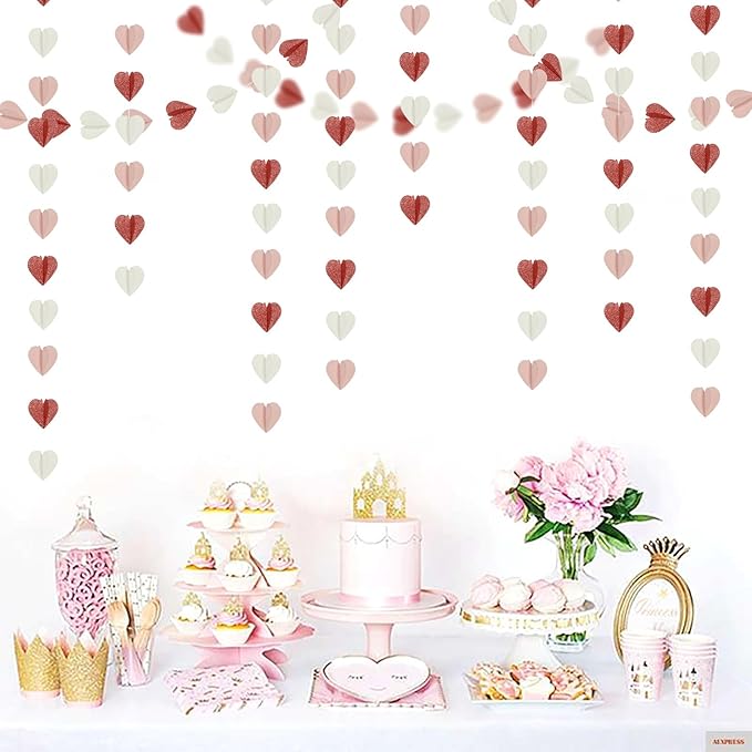 Rose-Gold Pink White Galentines-Decorations Heart Garland - 39Ft 3D Valentines Day Party Hanging Paper Streamers Banner,Engagement Wedding Bachelorette Baby Bridal Shower Mothers Decor Ouruola