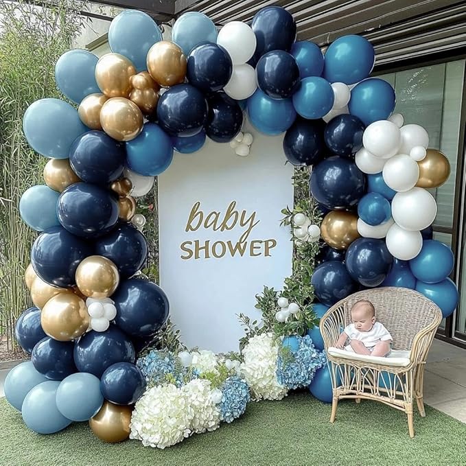 Navy Blue White Balloon Garland Double Stuffed Dusty Blue Gold Pearl White Balloons Beige Cream Balloon Arch Kit for Birthday Baby Shower Wedding Father's Day Graduation Party Decorations
