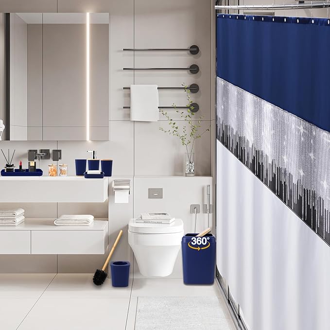 24PCS Bathroom Sets with Shower Curtain and Rugs, Navy Blue Bathroom Accessories Set Navy Blue Shower Curtain Set Bathroom Accessories with Bathroom Trash Can