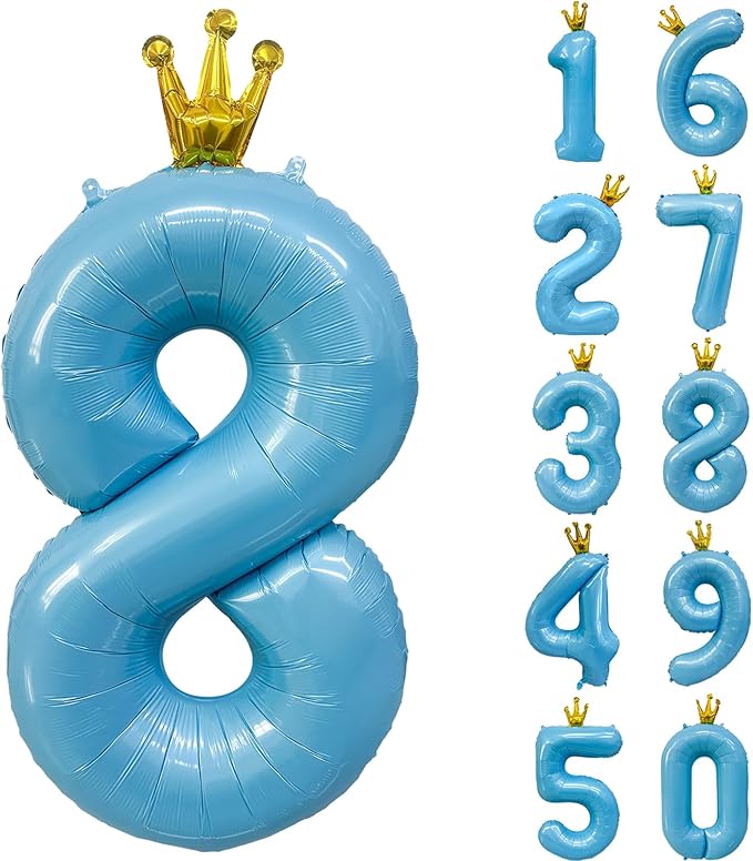 Blue Number 8 Balloon with Crown, 40 inch Blue Number Balloon 8th Birthday Party Decoration BlueCrown Balloons 0-9 for Birthday Party Anniversary Decorations Supplies