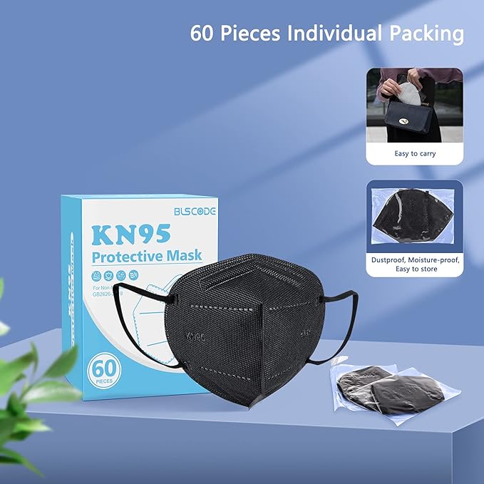 BLScode KN95 Face Mask 60 Pack,Individually Wrapped 5-Layer face Masks,Filter Efficiency≥95%