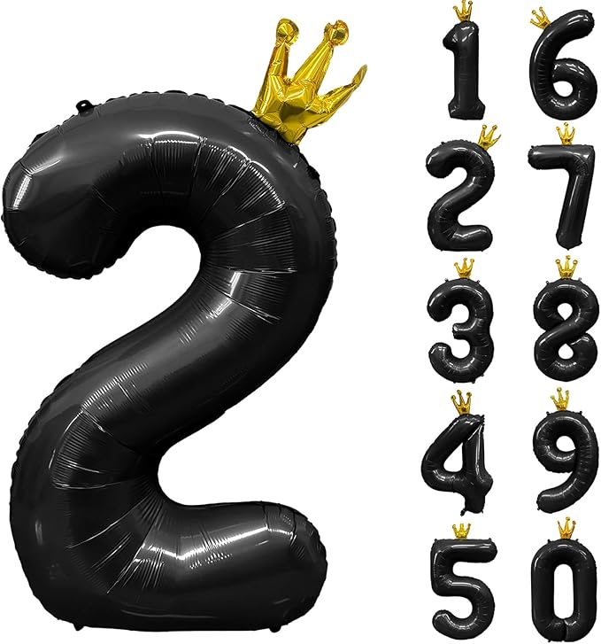 Black Number 2 Balloon with Crown, 40 inch Black Number Balloon 2nd Birthday Party Decoration Black Crown Balloons 0-9 for Birthday Party Anniversary Decorations Supplies