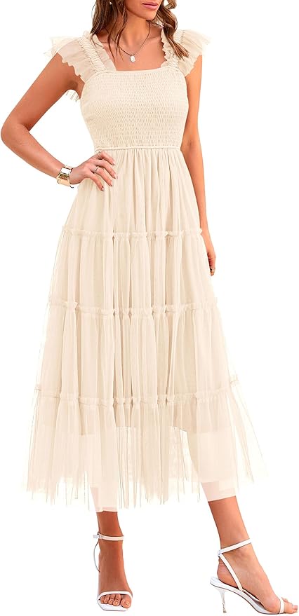 PRETTYGARDEN Women's Summer Tulle Midi Dress Sleeveless Smocked Ruffle Flowy Mesh Dresses Party Wedding Guest Sundress