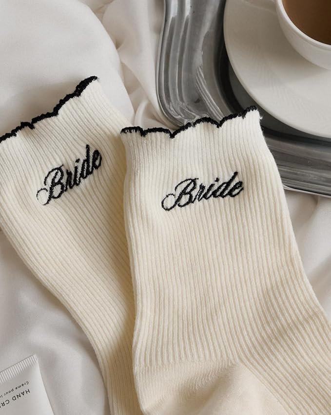xo, Fetti Bride Ruffle Socks | Bachelorette Party, Bridal Shower Gift, Bride to Be, Wedding, Engagement, White Socks, Black Embroidery, Girly