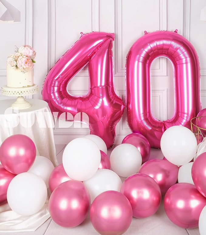 SUWEN 40 Inch Large Hot Pink 40 Balloon Numbers Big Foil Helium Number Balloons 0-9 Jumbo Happy 40th Mylar Birthday Party Decorations for Women Anniversary Party Supplies
