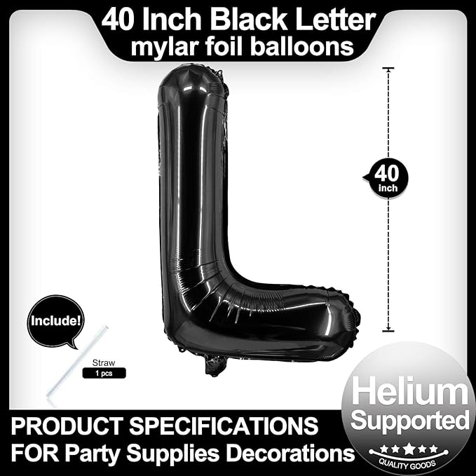40 Inch Black Letter L Balloons, DIY Phrase Foil Alphabet Letter L Balloons DIY Word L Banner for Birthday Anniversary Celebration Graduation Party Supplies Decoration
