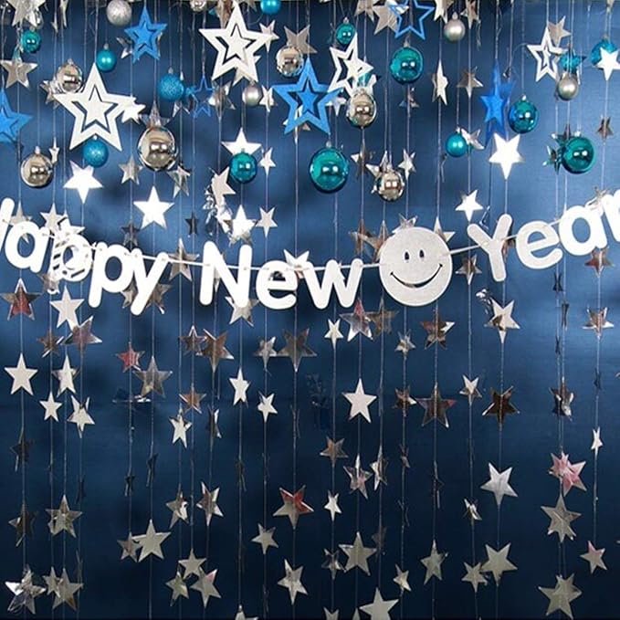 Silver Star Garland Banner Decorations - 156 Feet Bright Silver Paper Garland Hanging Decorations, Glitter Star Bunting Banner for Wedding, Birthday, Holiday, Christmas Party