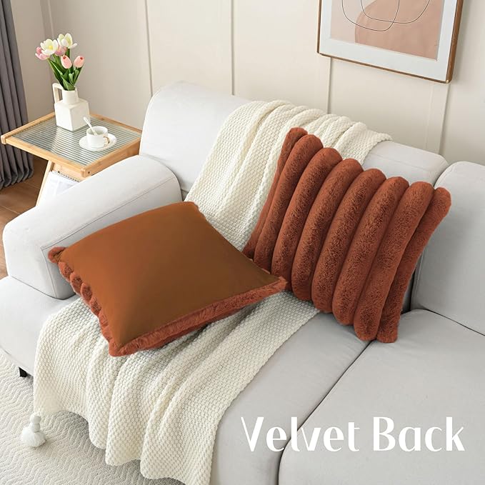 FUTEI Rust Decorative Throw Pillow Covers 22x22 Inch Set of 2, Square Soft Faux Rabbit Fur Big Striped Cushion Cover,Home Decor for Couch Sofa Bed Living Room