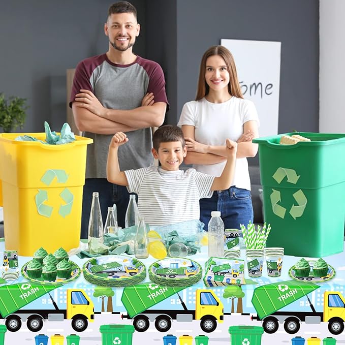 Trash Truck Birthday Party Decoration - Garbage Truck Birthday Party Tableware Supplies Includes Plates, Cups, Napkins, Tablecloth, Straws (20)