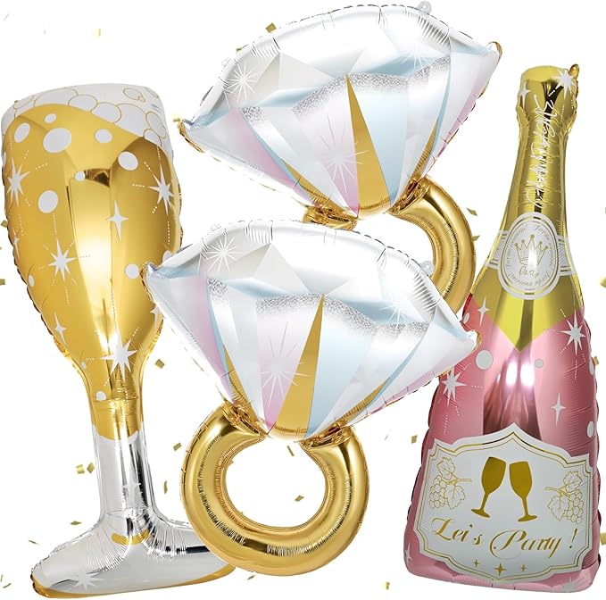 4 Pcs Bachelorette Balloons, Huge Rose Gold Champagne Bottle Diamond Ring Goblet Aluminum Foil Balloons for Bachelorette Party, Bridal Shower, Wedding, Engagement Party Decorations Supplies
