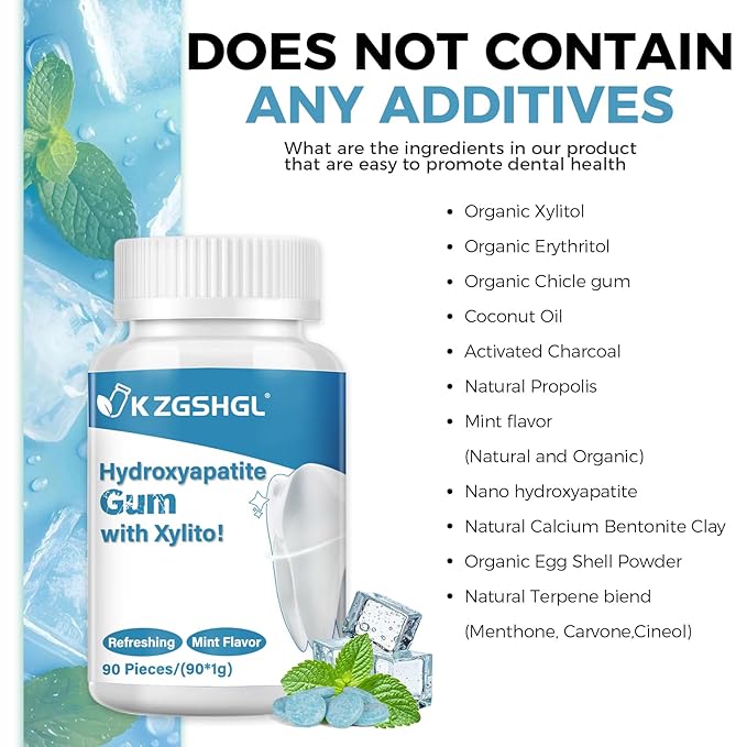 Remineralizing Gum, Hydroxyapatite Gum, 90 Pieces, Xylitol Gum, Good for Teeth Remineralization, Sugar-Free Mint Chewing Gum with Xylitol, Two pills after meals to freshen breath and clean teeth
