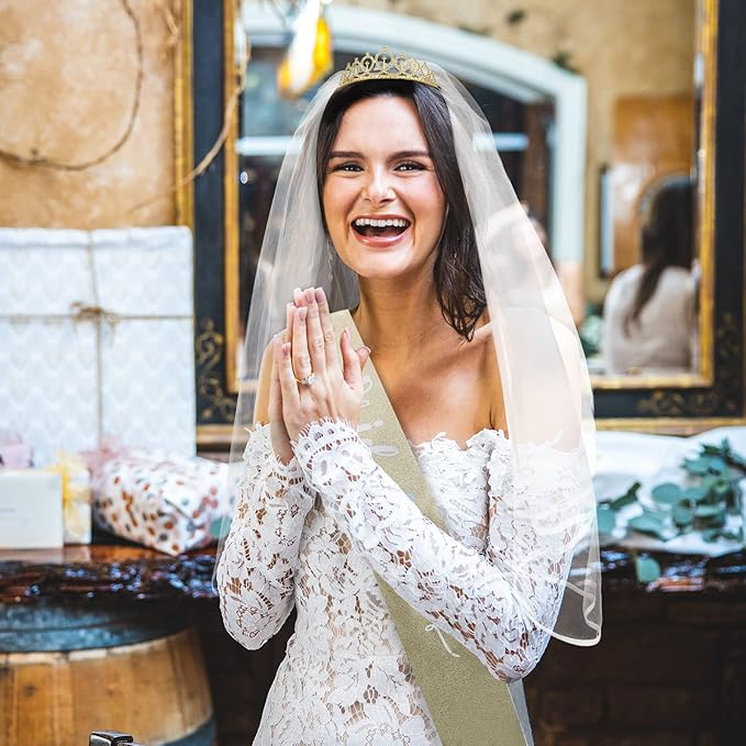CIEHER Crown + Bride to Be Sash + Wedding Veil Set, Bachelorette Party Bridal Shower Decorations Bride to Be Gifts - Gold