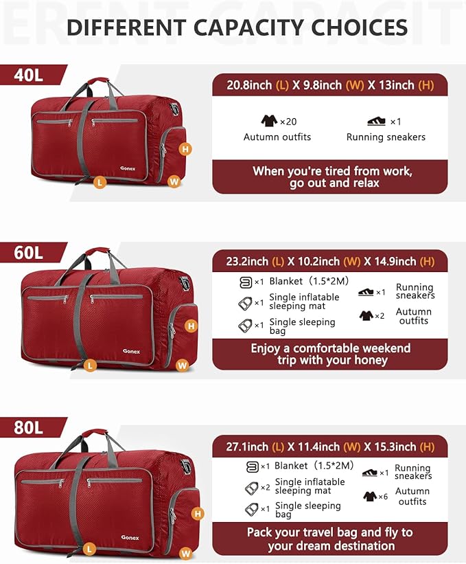 Gonex 40L 60L 80L 100L 150L Large Foldable Travel Duffle Bag with Shoes Compartment, Packable Lightweight Water Repellent Duffel Bag for Camping Gym Weekender Bag