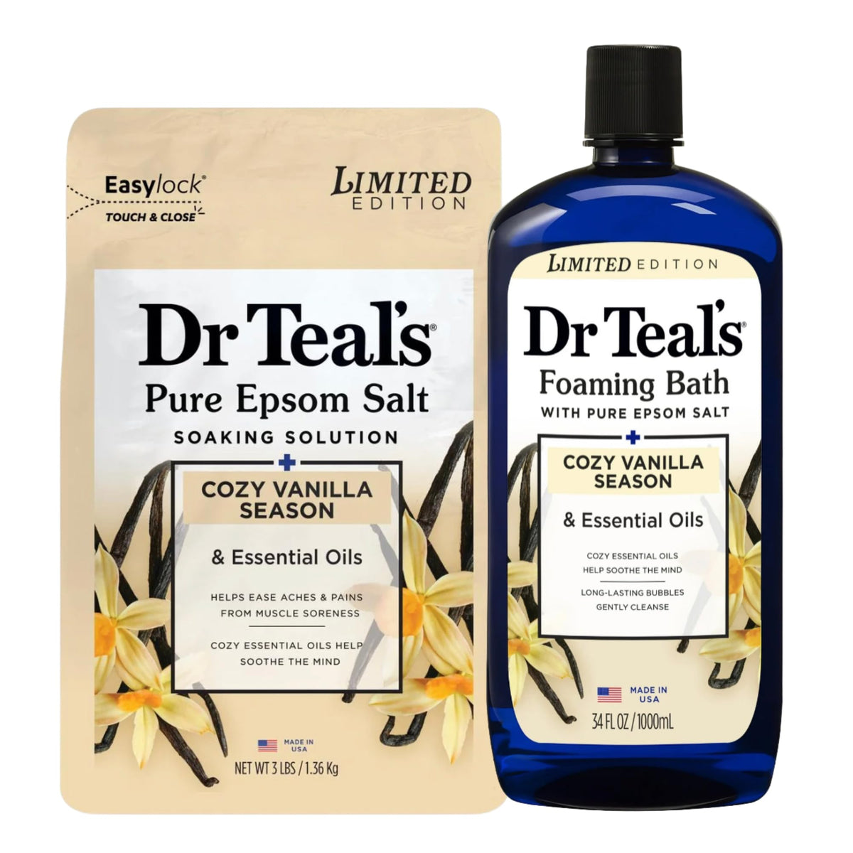 Dr Teal's Cozy Vanilla Season Comfort Pure Epsom Salt Soak and Cozy Vanilla Season Foaming Bath Duo Pack