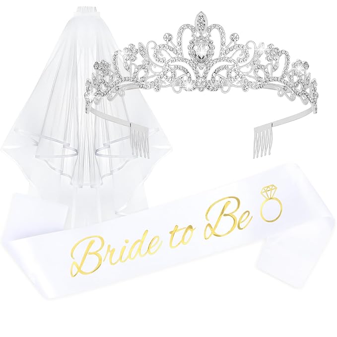 CIEHER Bachelorette Party Favors - White Veil, Bride to Be Sash & Crystal Crown for Bridal Shower Decoraions Wedding Party Gifts - Silver