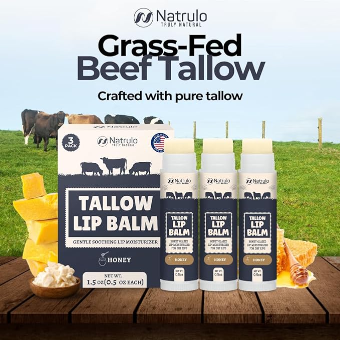 Beef Tallow Lip Balm – Natural Tallow Beeswax Chapstick – Hydrating Moisturizer Grass Fed Bison Tallow Balm Lip Care – Soothes Chapped Dry Lips, Sensitive Skin – Long Lasting Vitamin Rich USA-Made 3Pk