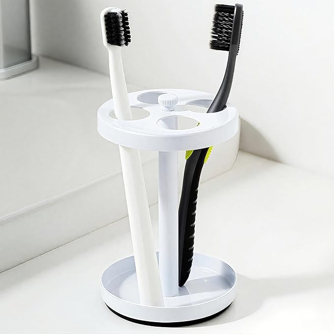 White Stainless Toothbrush Holder Stand: Rustproof Bathroom Countertop Organizer, 4 Ventilated Slots Hold Manual Toothbrushes, Razor