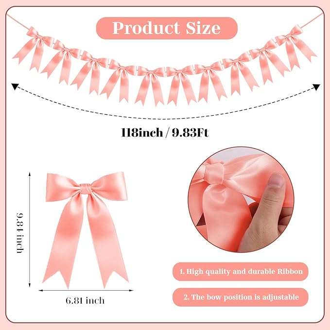 Rose Gold Bow Garland Bow Banner Bow Party Decorations Pre-Strung Large Coquette Satin Ribbon for Birthday Bachelorette Party Bridal Shower Wedding Engagement Baby Shower