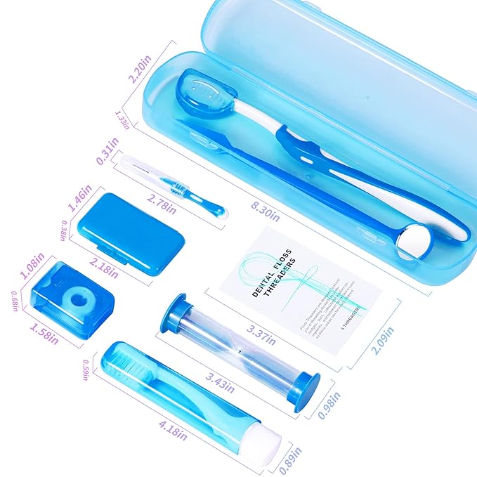 Annhua Braces Kit Cleaning 8 Pack for Orthodontic, Portable Tooth Cleaning Tools Family Oral Care Hygiene Set, Interdental Brush, Ortho Wax, Floss, Oral Mirror Included - Blue