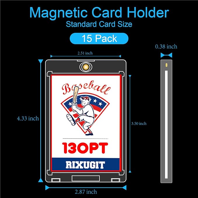 130pt Magnetic Card-Holders for Trading Cards - 15-Pack One Touch Card Case with Stronger Magnet, UV Protection， Card Protectors Hard Plastic, Card Sleeves Display Case for Baseball Card Sports Cards