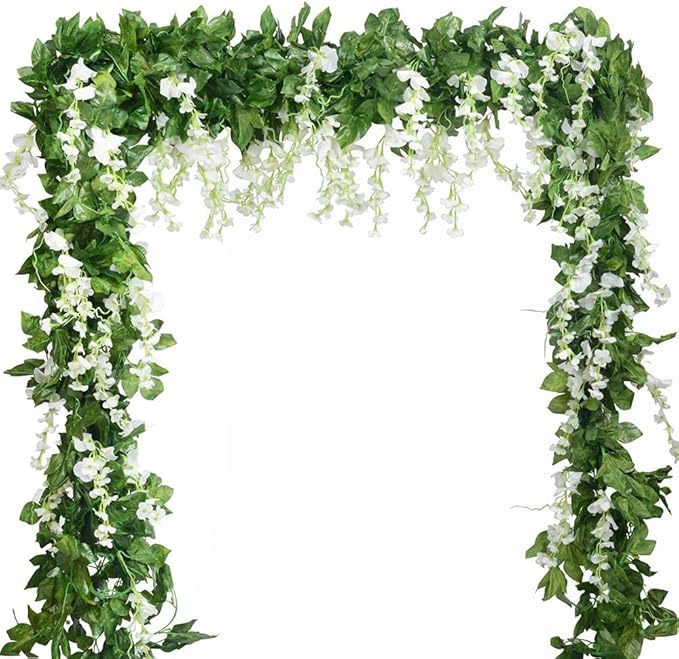 5pack Wisteria Garland Artificial Flower Garland Fake Wisteria Vines for Wedding Floral Decor-Total 36 Ft(White)