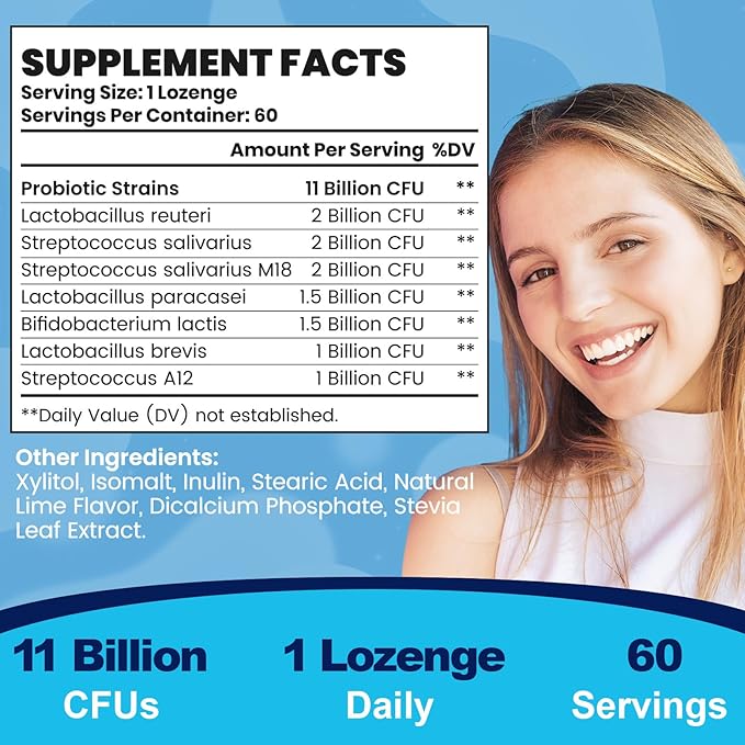 Oral Probiotics for Mouth Bad Breath for Adults 11 Billion CFU, Best Breath Oral Dental Probiotics for Teeth & Gums, Dry Mouth, Gum Restore, Fresh Breath, Chronic Halitosis & Gut Health, 60 Lozenges