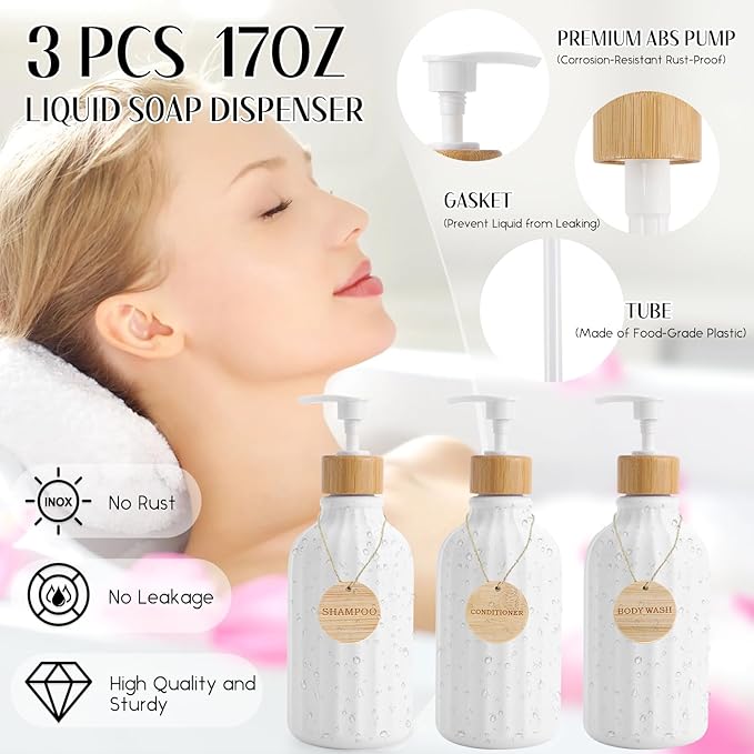 Bathroom Accessories Set White Bathroom Set with Trash Can,3PCS Lotion Soap Dispenser, Toothbrush Holder, Soap Dish,Tumbler Cup,6pcs Wood Tags White Bath Accessories with Tray for Bathroom Decor