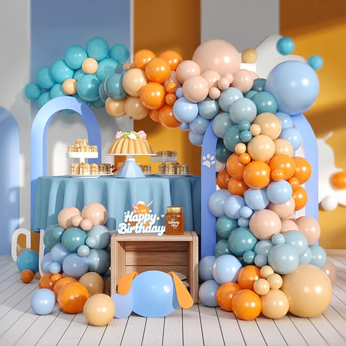 FunHot Orange Blue Balloon Arch Garland Kit, Retro Sea Fog Blue Ivory White Macaron Orange Latex Balloons with Ribbons for Baby Shower Graduation Engagement Kids Birthday Party Decorations