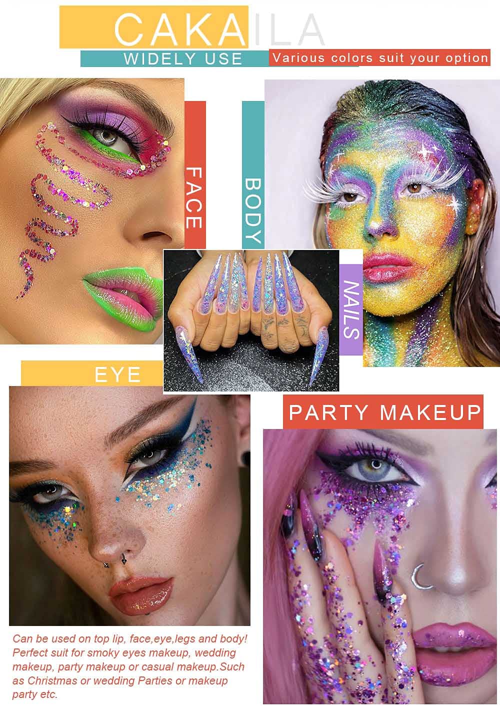 evpct CAKAILA Glitter Colorful Sparkly Eyeshadow Palette For Eye Makeup White Silver Glue Gel Face Paint , 40 Colors