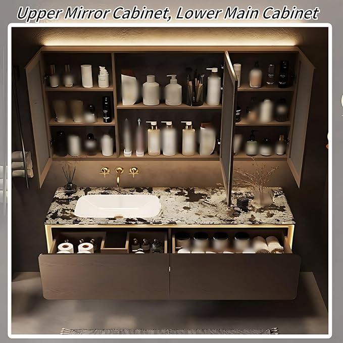 58IN Bathroom Vanity Set with a Single Sink - Embedded Sensor Light Strip & Large Capacity Floating Cabinet | Modern Bathroom Vanities with Defogging Mirror Surface & LED Lighting (Mirror Cabinet)