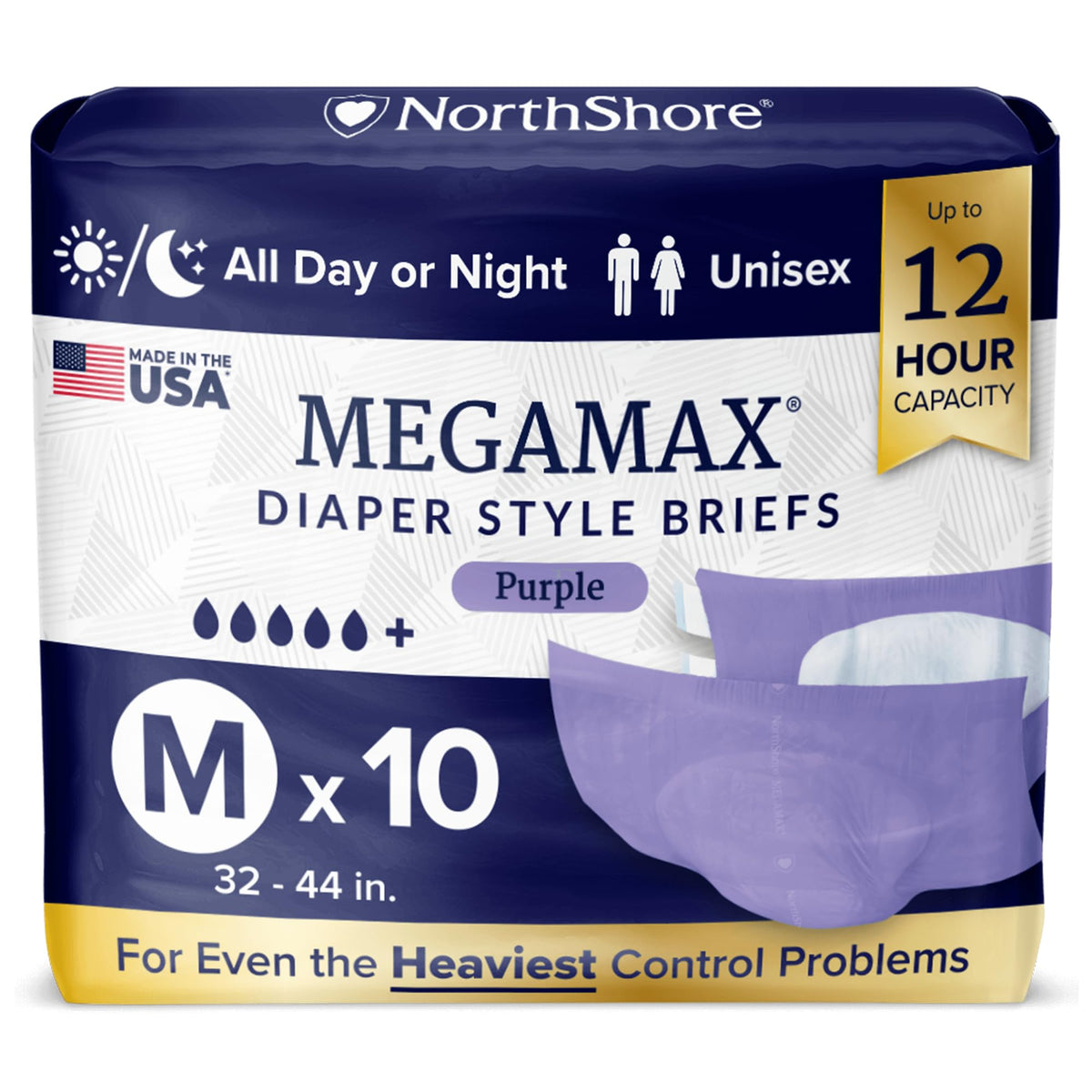 NorthShore MegaMax Made in USA 12-Hour HBL Adult Diapers for Heavy Bladder Leaks, Medium, 10 Count, Purple, 32-44 inches, Tab-Style Incontinence Underwear for Men, Women & Teens