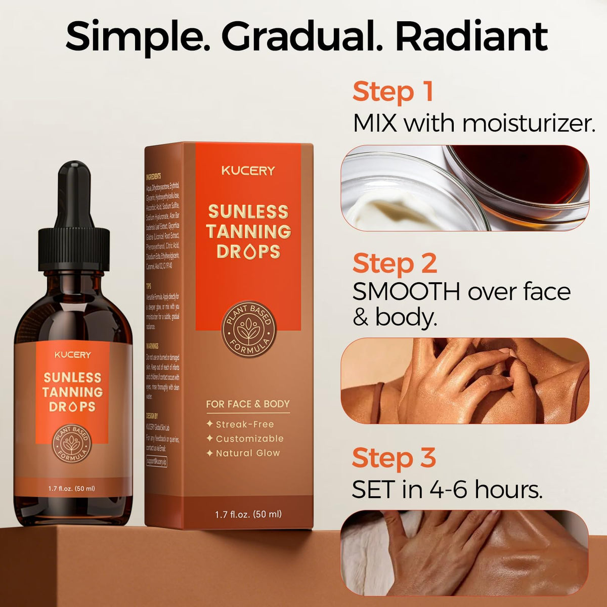 KUCERY Sunless Tanning Drops for Face & Body - Plant Based Self Tanner Drops with Botanical Ingredients, Streak-Free Bronzing Serum, Customizable Glow, 1.7 fl oz (50ml)