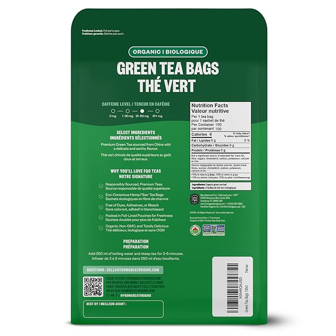 FGO Organic Green Tea, 100 Count Eco-Conscious Tea Bags, Caffeinated, Resealable Pouch, Packaging May Vary (Pack of 1)