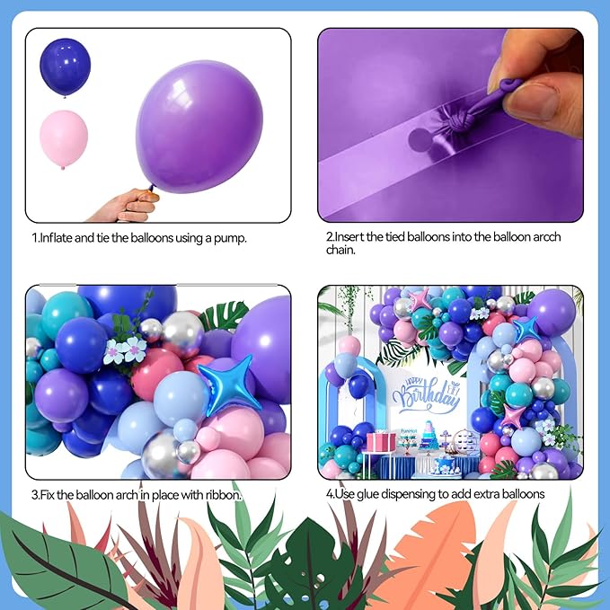 FunHot Blue Pink Purple Balloon Arch Garland Kit with Purple Metallic Silver Royal Blue Retro Pink 4-Point Star Foil Balloons for Baby Shower Wedding Tropical Theme Kids Birthday Party Decorations